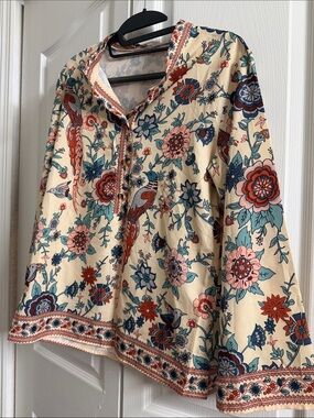 Women's Floral Bird Print Peasant Top - Cream/Blue